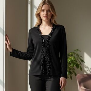 Misook Black Knit Cardigan w/ Ruffled Sheer Polka Dot Trim – Size S